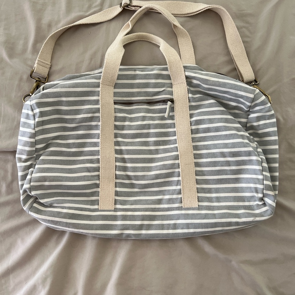 Known Supply Striped Weekender Duffel Bag – Gray & White, Canvas, Fair Trade